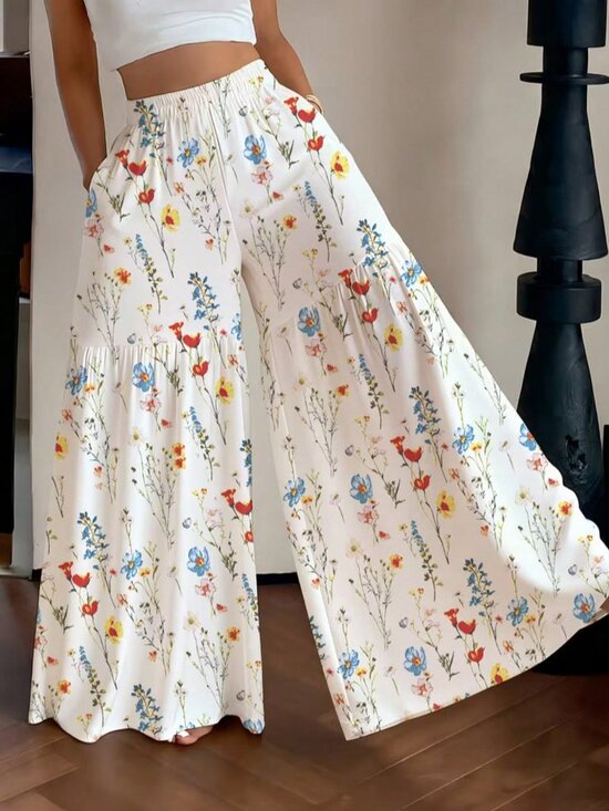 Pants - Multicolor Boho Women's Printed Wide-Leg Pants Loose Fit Pants